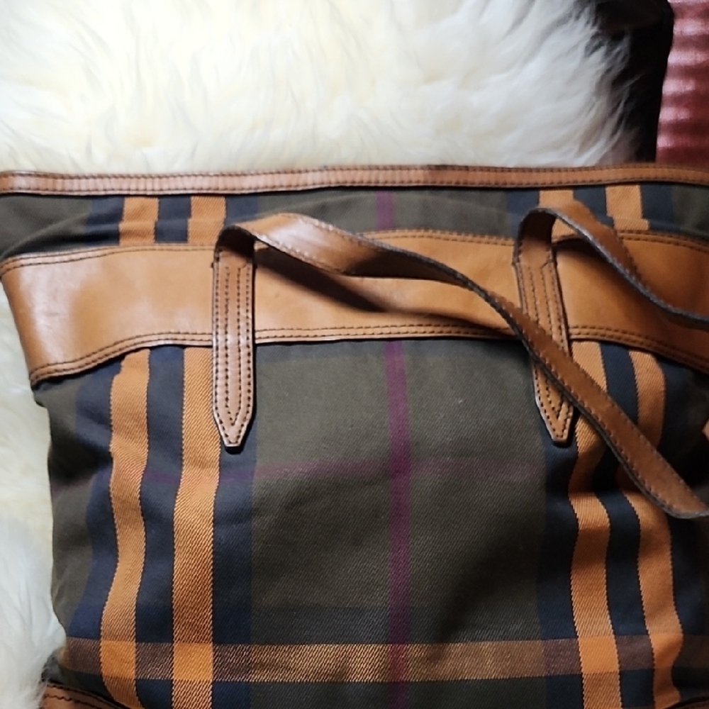 Burberry Brown and Orange Plaid Tote - Picture 2 of 7